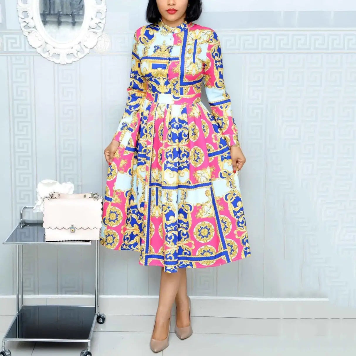 "Elegance in Motion – High-Waisted Pleated Dresses with Sleek Long Sleeves"
