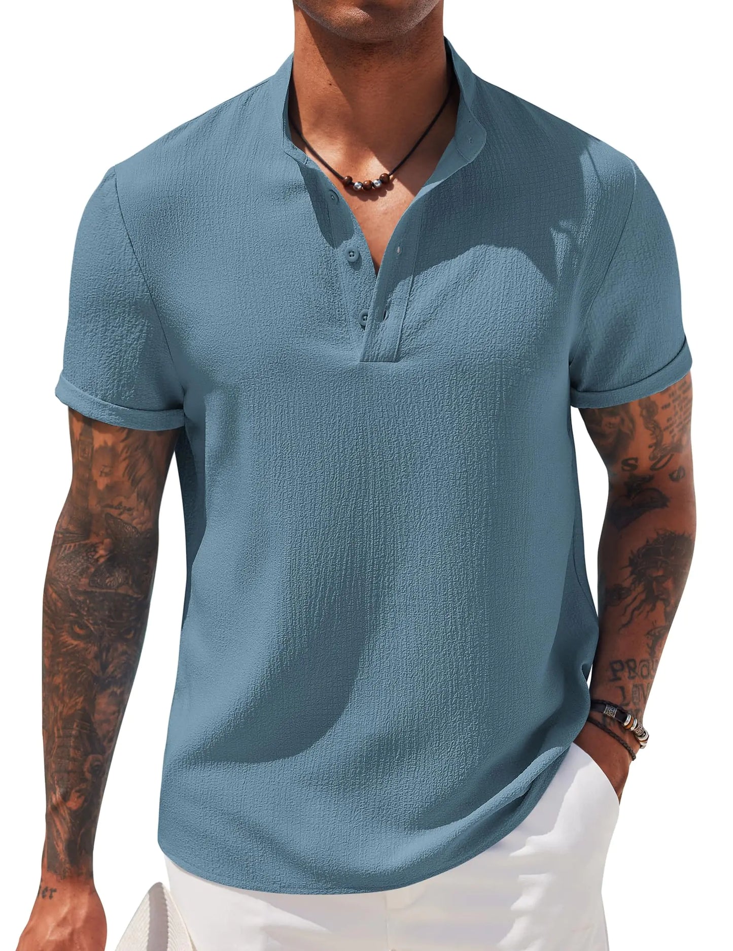 "Laid-Back Luxe – COOFANDY Summer Linen Henley Tee for Men (Dark Blue)"